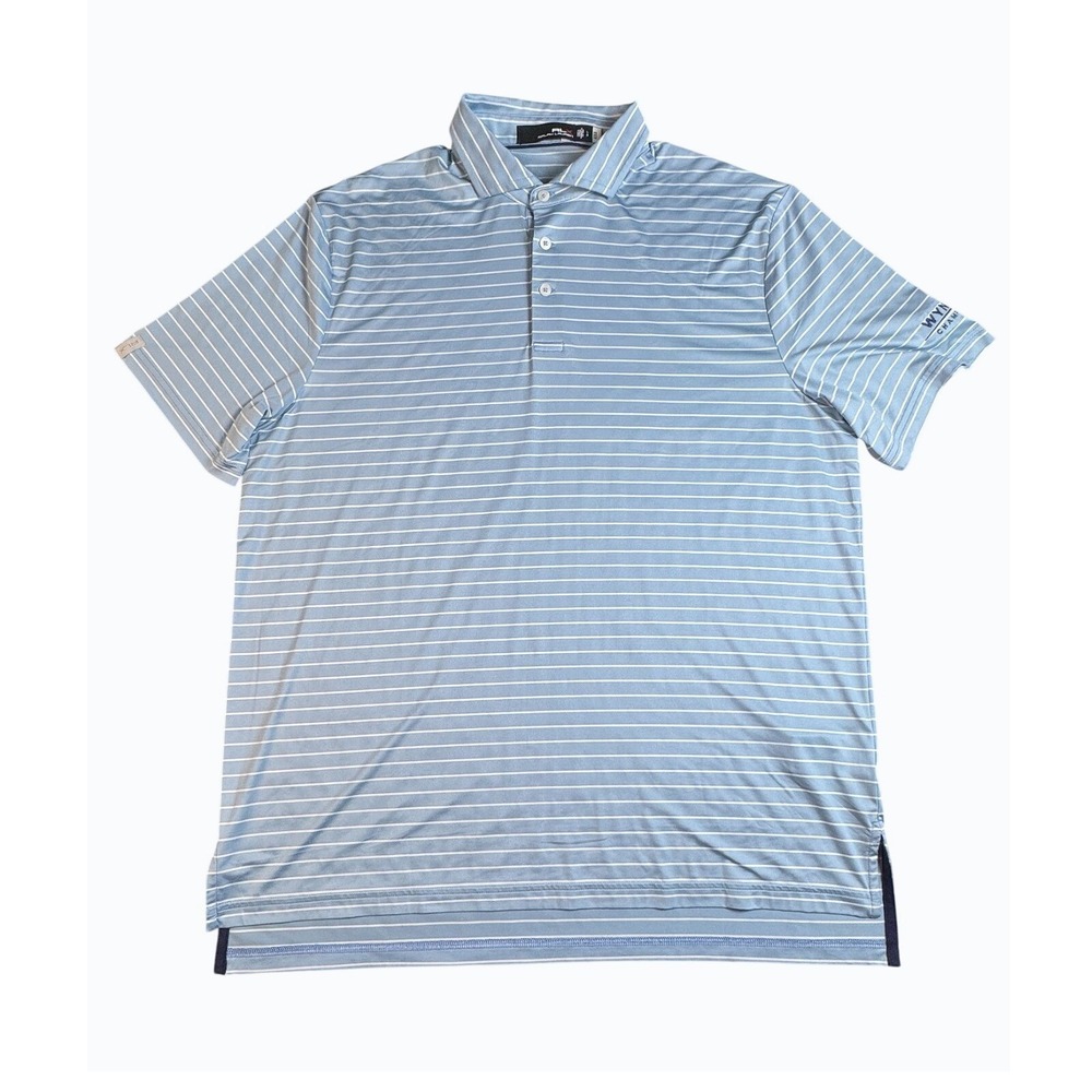 RLX Ralph Lauren Mens Blue White Striped Wyndham Championship Golf Polo L NWOT